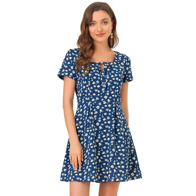 Vestido De Manga Corta Y Estampado Floral De Corazón De Estrella Por Encima de la rodilla Para Mujer Azul Floral XS