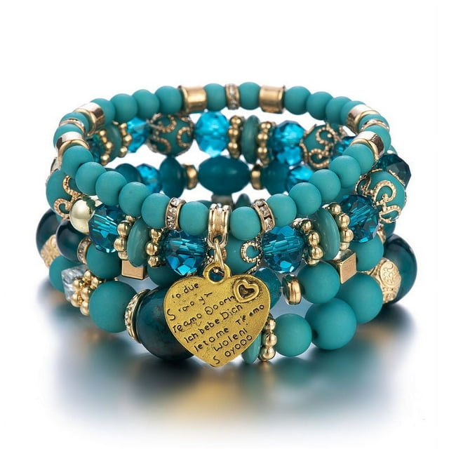 Pulsera multicapa de estilo bohemio popular de moda europea y americana con cuentas de corazón de melocotón de cristal, joyería de mano para mujer