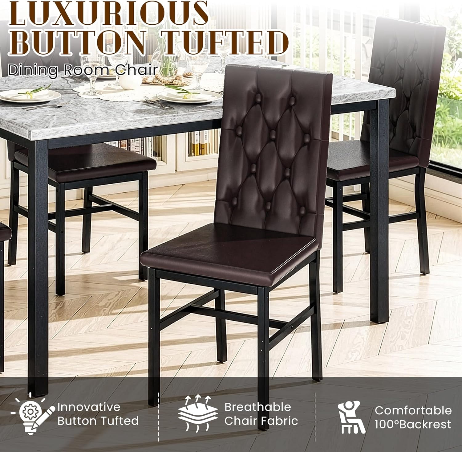 Baxluxe four-person dining table and chair set, marble kitchen dining table and chair set, equipped with leather cushioned dining chairs, suitable for kitchens and restaurants, apartments brown/grey