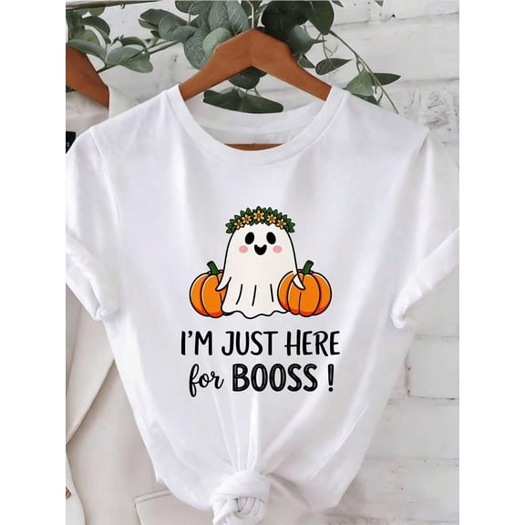 Ghost Pumpkin Halloween Print Women Crew Neck T-Shirt, Short Sleeve Casual Autumn Party Essential Holiday Gift Daily Tee