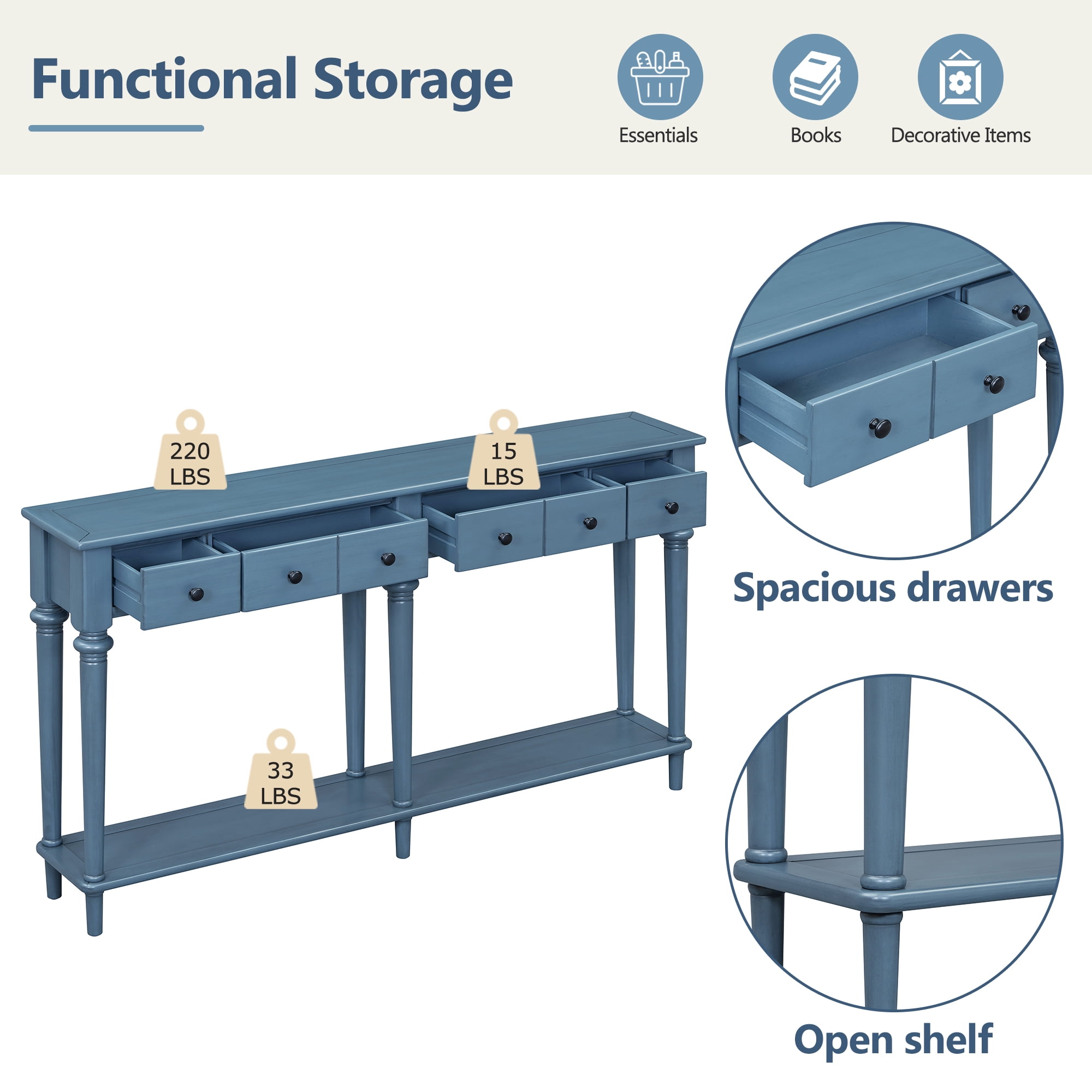 MAYEERTY Vintage Console Table with 4 Drawers, Entryway Table with Open Shelf for Hallway & Living Room, Navy Blue