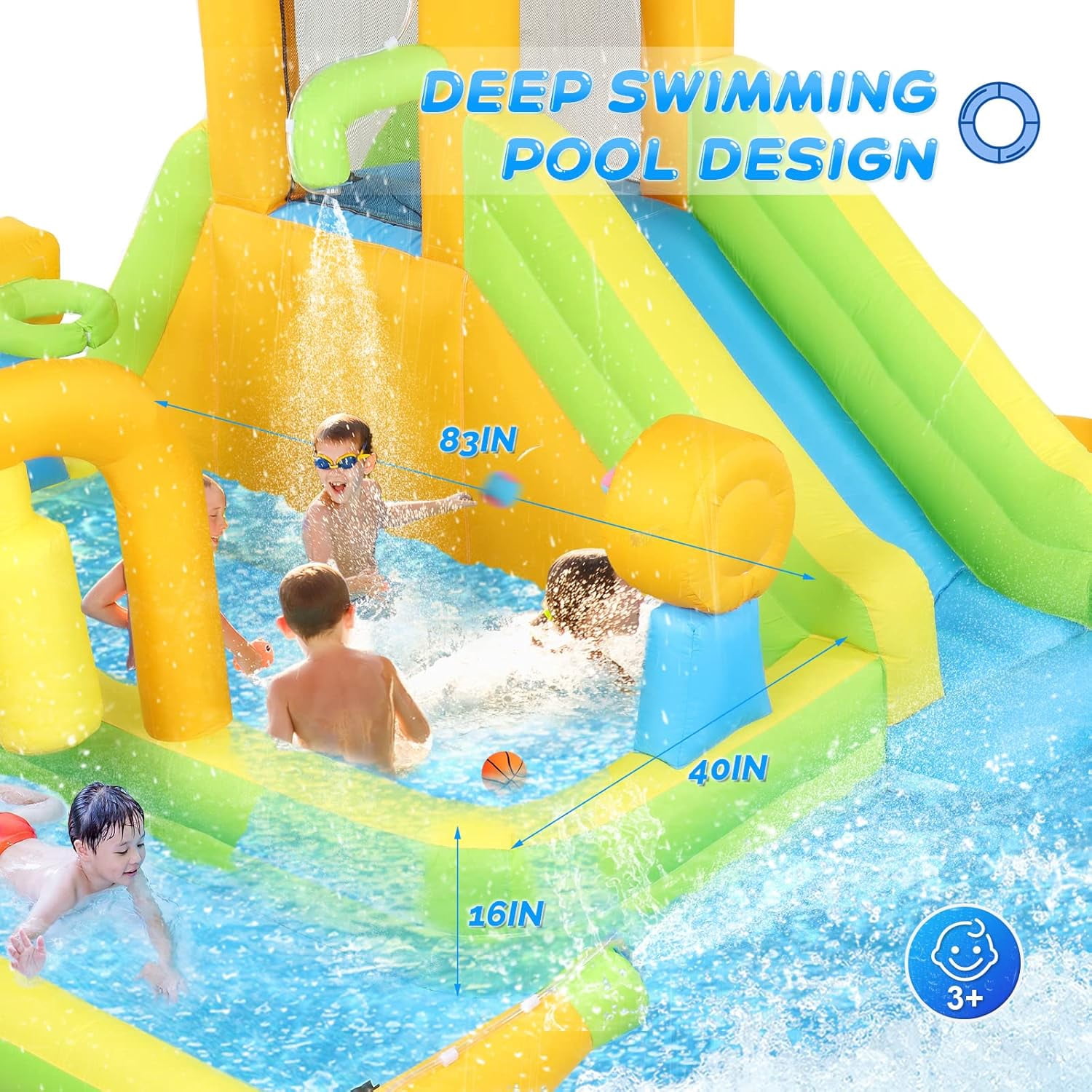 Ktaxon 10-in-1 Inflatable Water Slide Bounce House with Blower, 177" x 118" x 71", Deep Pool Water Park w/ Target Game & Basketball Hoop for Kids Backyard,
