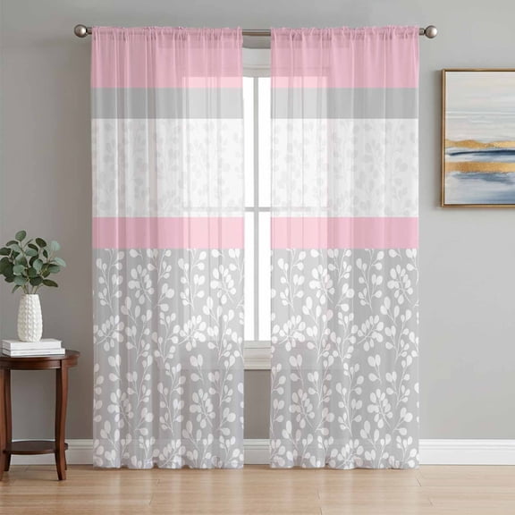 Sheer Curtains 84 Inches Long 2 Panels Set for Living Room, Pink Grey Semi Sheer Curtains for Windows, Chic Garden Floral Stripe Aesthetic Flower Boho Voile Window Treatments Rod Pocket Curtain