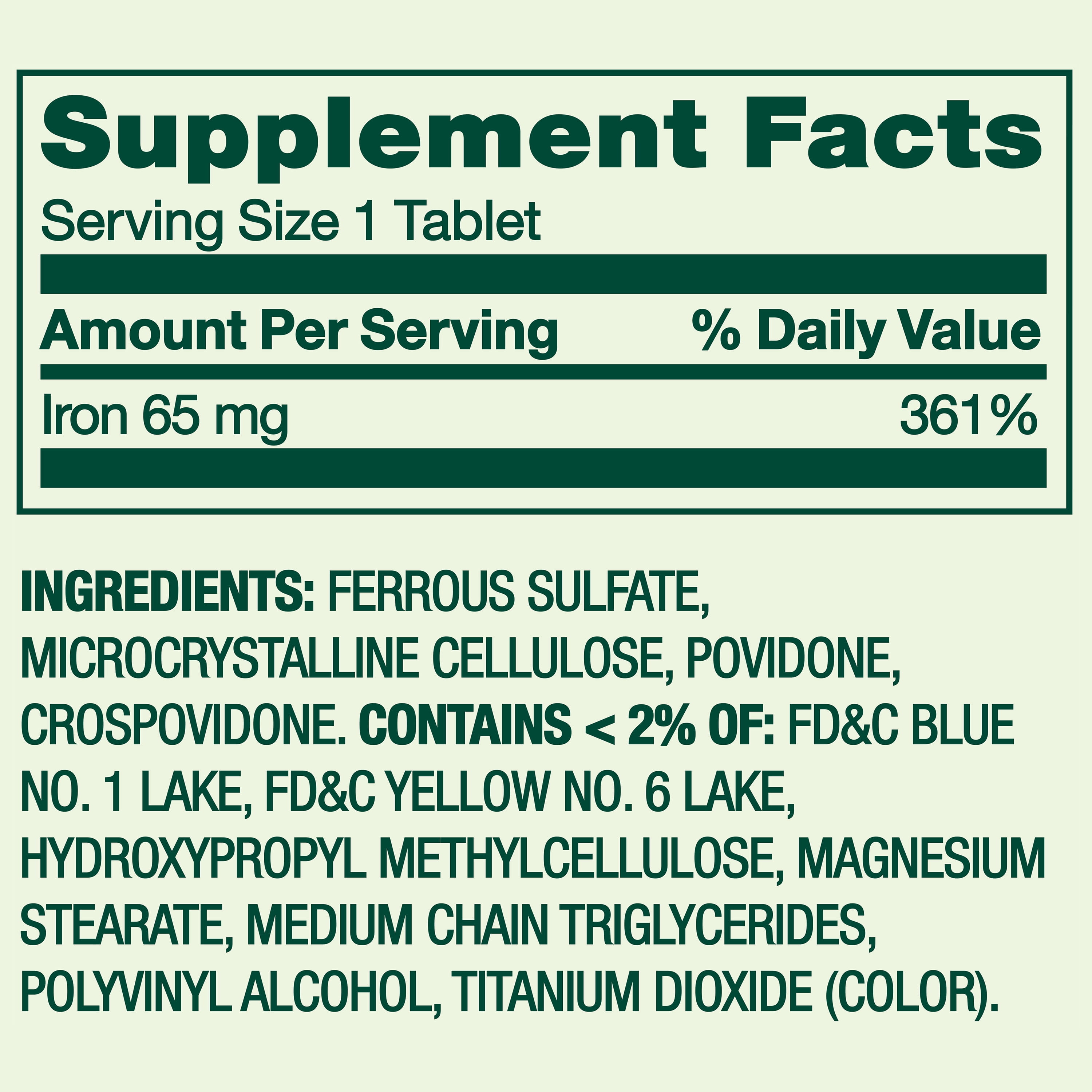 Spring Valley Iron General Health & Wellness Dietary Supplement Tablets, 65 mg, 100 Count