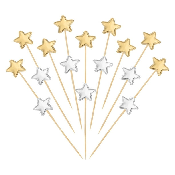Uxcell Toppers de Cupcake en Forma de Estrella Mini Palitos de Cupcake para Bodas, Compromisos y Fiestas de Cumpleaños (60 Pack, Oro/Plata)