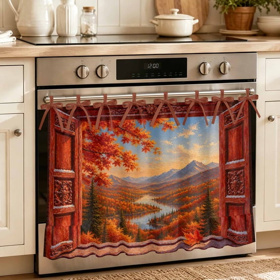 Open Window Oven Skirt for Farmhouse Kitchen Décor, Fall Orange Maple Leaves Forest Mountain Oven Curtain Tie Top Decorative Stove Skirt, Cabinet Dish Washer Curtains with 8 Ribbon Ties 32"x24"
