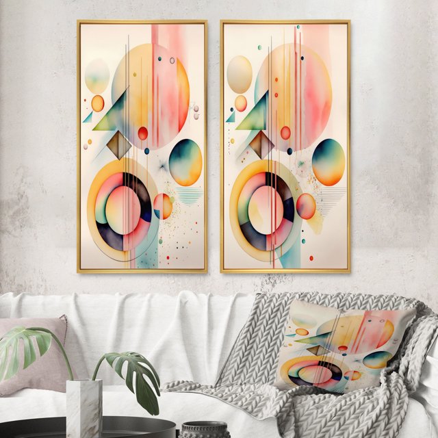 Designart "Minimalist Multi-Shape Art in Pastel II" Abstract Minimalism Framed Wall Art Set Of 2 - Pink Geometric Framed Canvas Set For Living Room Decor