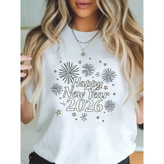 Women'S 2026 New Year'S Eve Celebration T-Shirt - Black With Golden Fireworks & Happy New Year 2026 Print, Oversized Round Neck Long Sleeve Casual Top, Comforta.Png