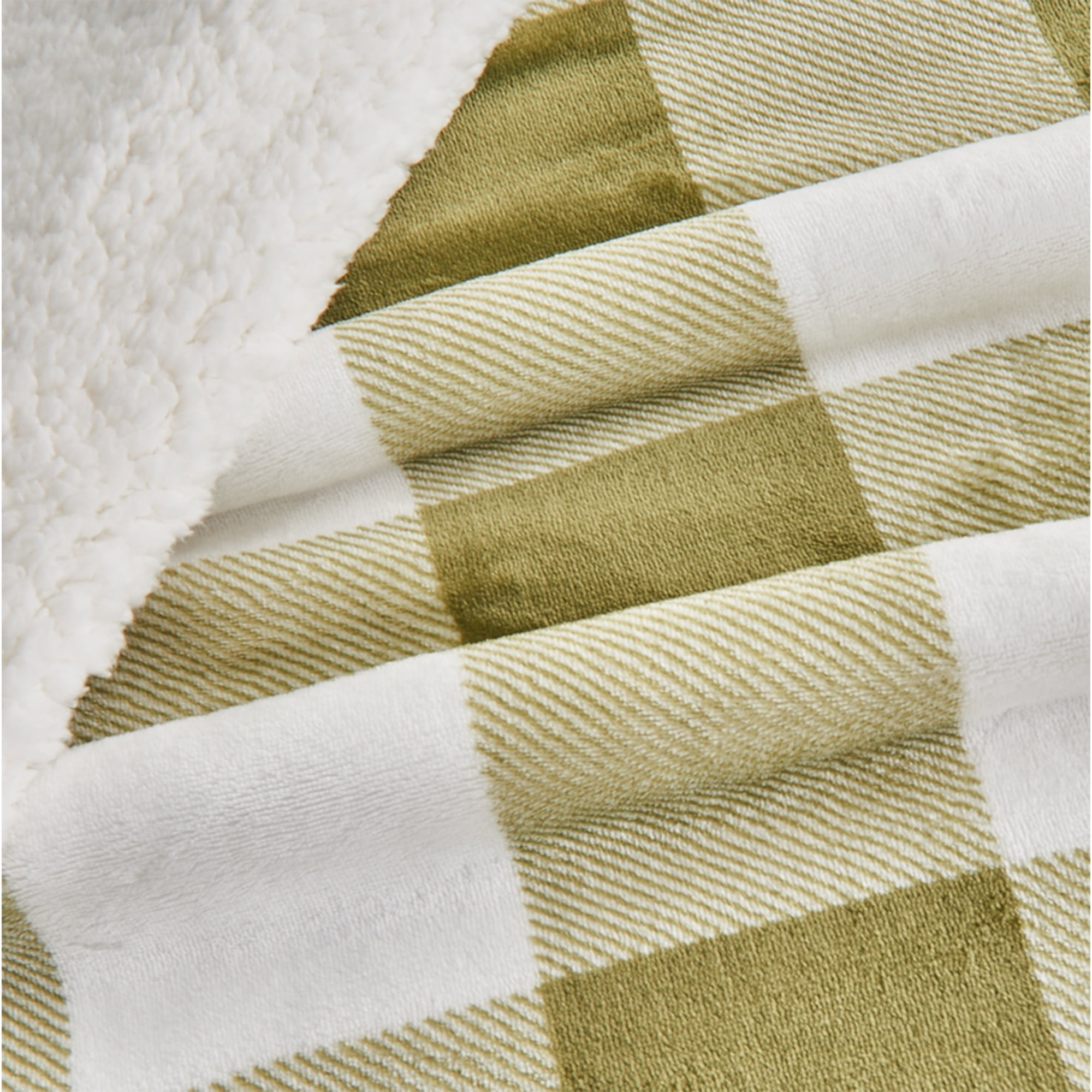 Great Bay Home Cozy Plush / Sherpa Reversible Throw Blanket, King, Olive Green Buffalo Check