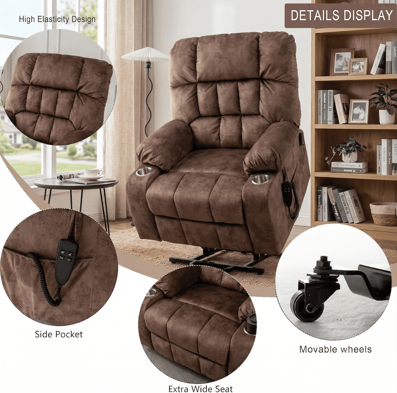 Power Lift Recliner Chair for Elderly with Massage and Heat, Dual Motor Infinite Position Recliner up to 180°, Overstuffed Wide Recliner with Cup Holders, Heavy Duty 400 lbs, Brown Velvet