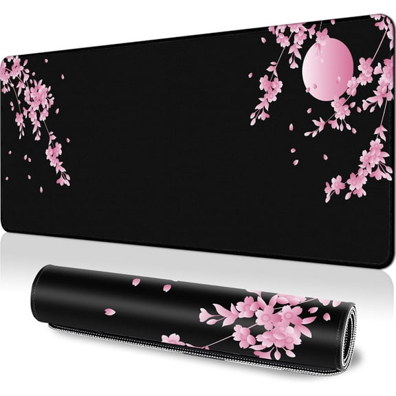 Japanese Cherry Blossom Gaming Mouse Pad XL, Black Desk Mat Large Mouse Pad Long 31.5x11.8in, Extended Big Desk Pad Pink Flower Mousepad with Non-Slip Base and Stitched Edges for Work Gaming Office