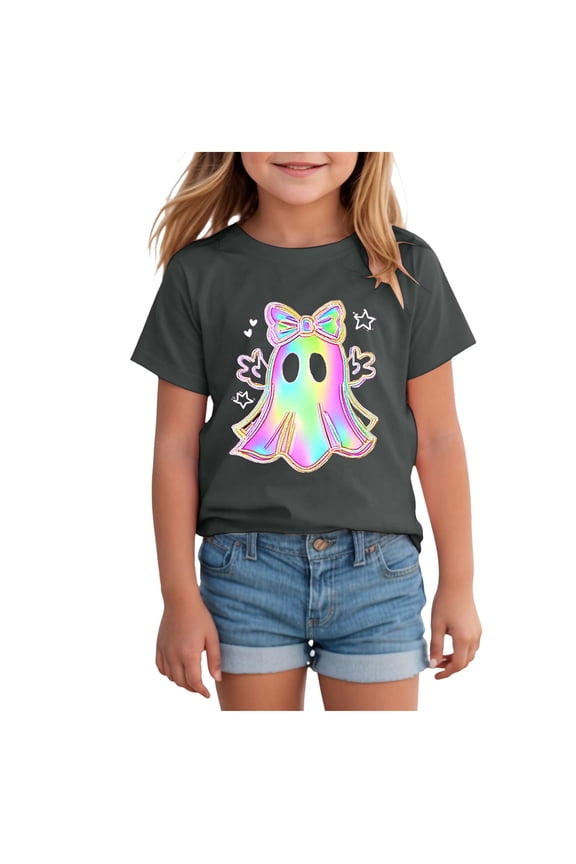 Toddler Girl Halloween T-Shirt Colorful Bow Ghost Graphic Shirts Kid Short Sleeve Tees Spooky Season Outfits Tops (Grey, 2-3 Years)