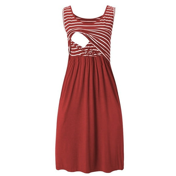 Tranfacy Women's Short Sleeve Maternity Dress,Maternity Nursing Dress,Striped Nursing Maternity Dress Sleeveless Round Neck Breastfeeding Gown for Postpartum