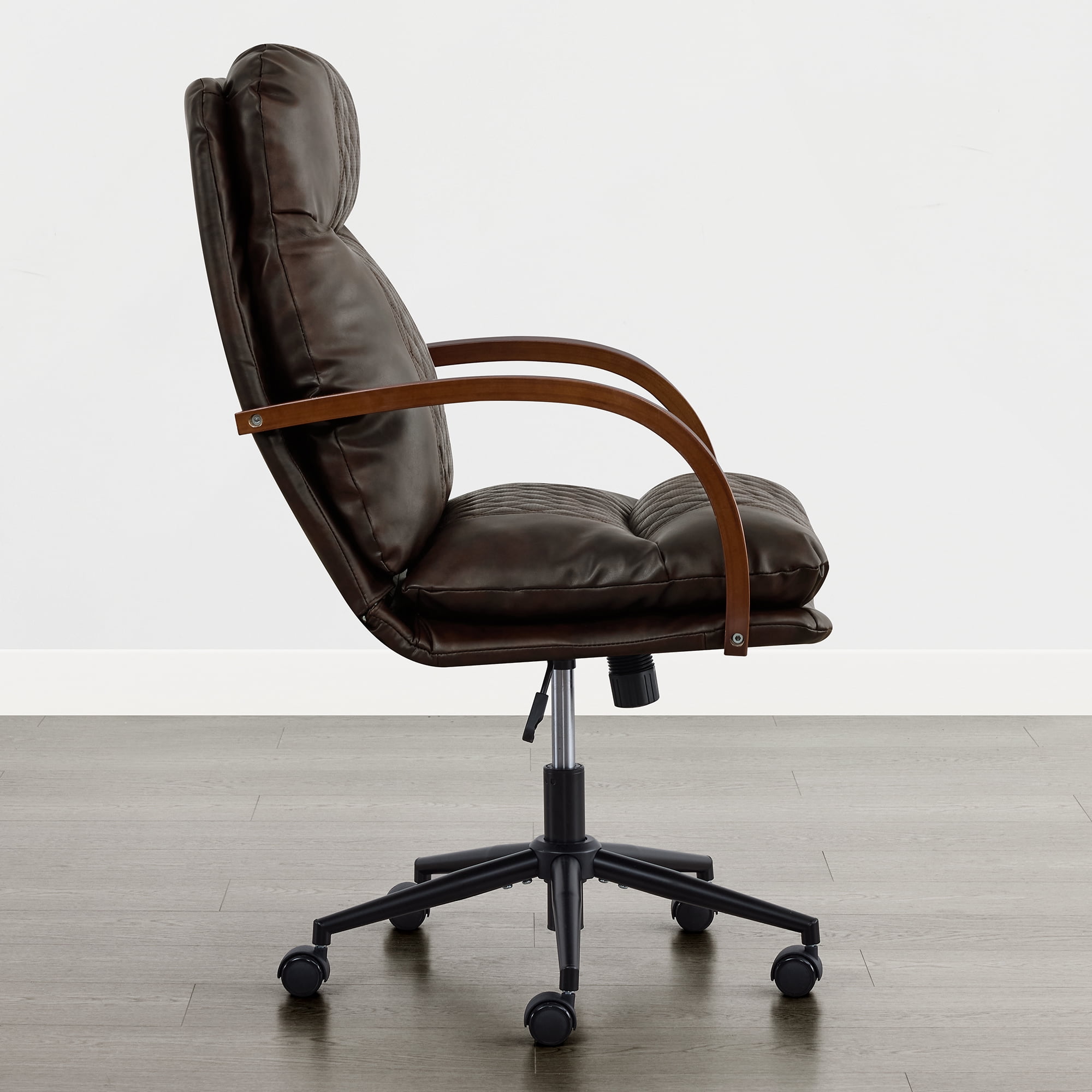 Spruce & Spring Modern Ergonomic Swivel Office Chair with Bentwood Arms, Upholstered High Back Desk Chair with Tilt Function and Durable Metal Base, Espresso