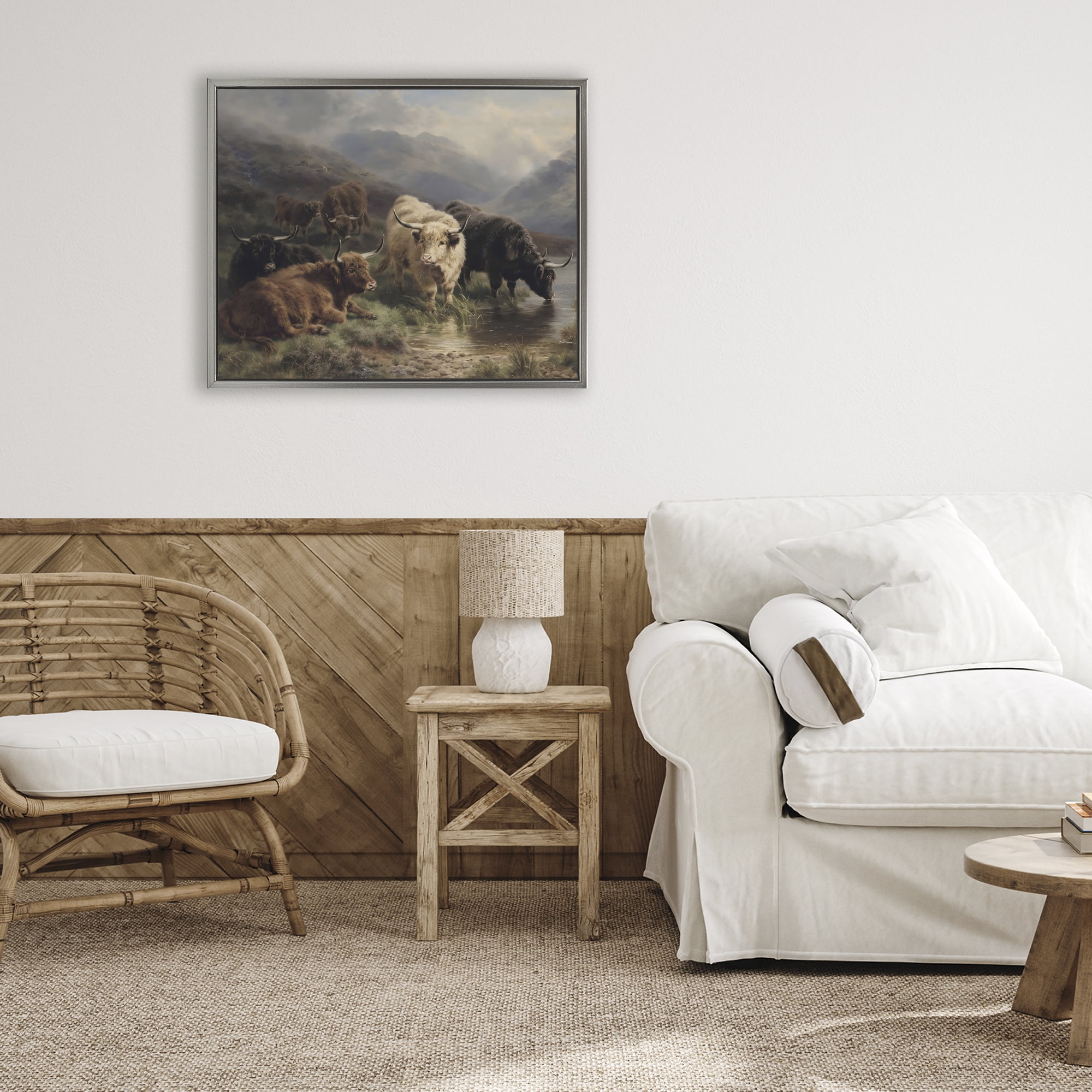 Stupell Industries Highland Cows Beside Misty Loch Gray Framed Floater Canvas Wall Art, design by Arlington Prints