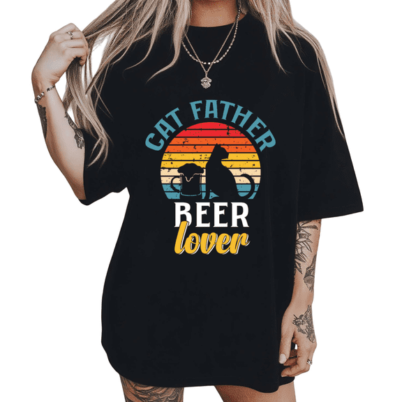Retro Sunset Cat Father Beer Lover Print Tshirt Black S-5XL Casual Cat Dad Graphic Tees Shirts Tops