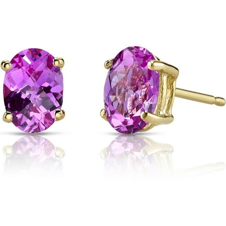 Oravo 2.00 Carat T.G.W. Oval-Shape Created Pink Sapphire 14kt Yellow Gold Stud Earrings