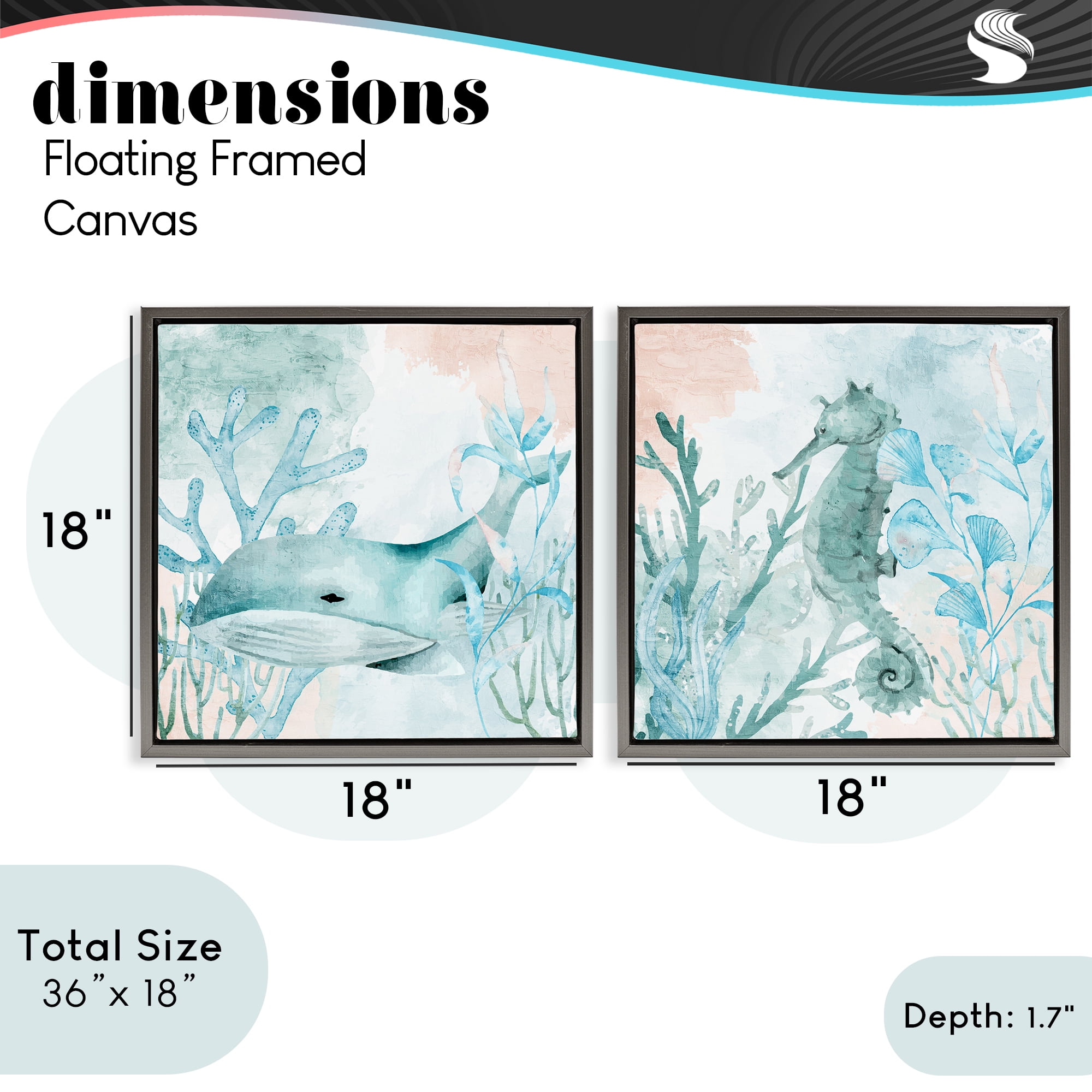 Stupell Industries Whale & Seahorse Sea Swim 2 Piece Gray Framed Floater Canvas Set, design by Kim Allen
