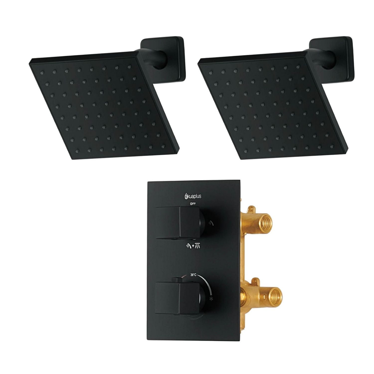 Ensemble de douche thermostatique carrée d'akuaplus(MD) avec Déviateur 4 voies et 2 pommeaux de douche de 6 pouces fini noir mat