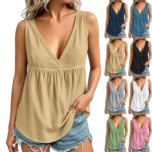 Sheghy Womens Tank Tops 100%Cotton Women's Solid-Color Sleeveless V-Neck Casual Cotton-Linen Top