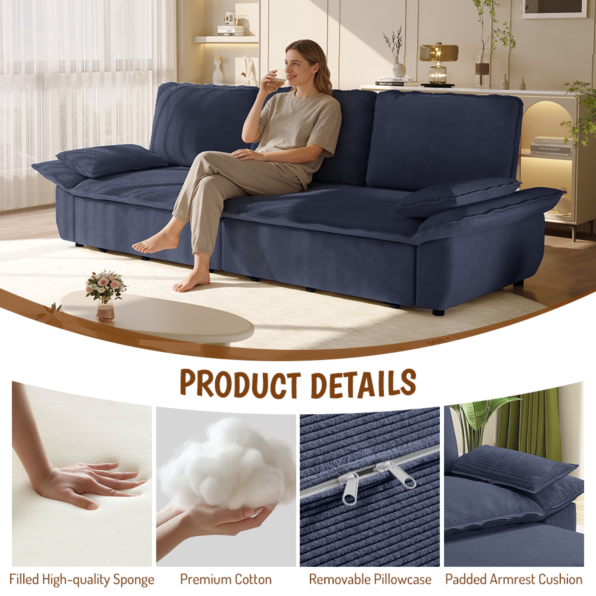 Leumius 94.5" Pull Out Sofa, King Size 3-in-1 Convertible Sleeper Sofa Bed, Multi-Functional Corduroy Bed for Living Room Bedroom Blue