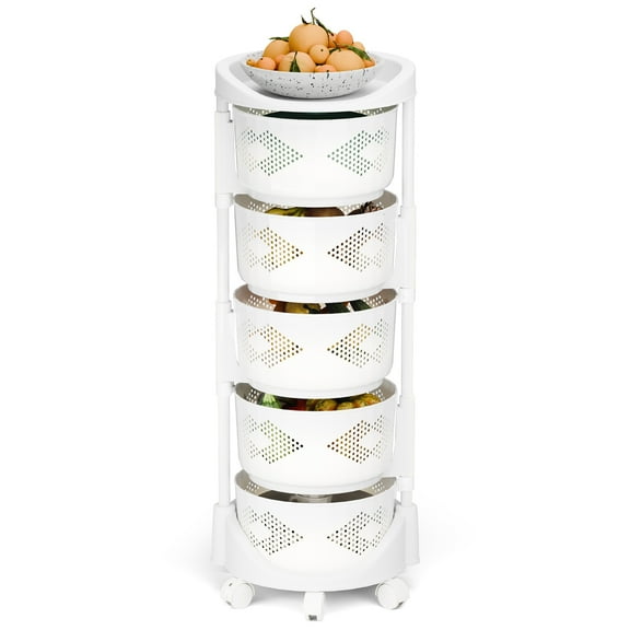 Aqzb 5-Tier Fruit Basket Kitchen Pantry Organizers and Storage - PP Top Table, Rotating Round Plastic Basket Stand Cart For Fruit Vegetable Snacks Jars Bins Containers Organization, White