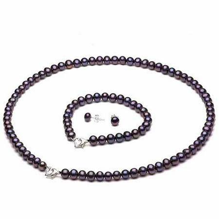 5-6mm Black Freshwater Pearl Heart-Shape Sterling Silver Necklace (18), Bracelet (7) Set with Bonus Pearl Stud Earrings