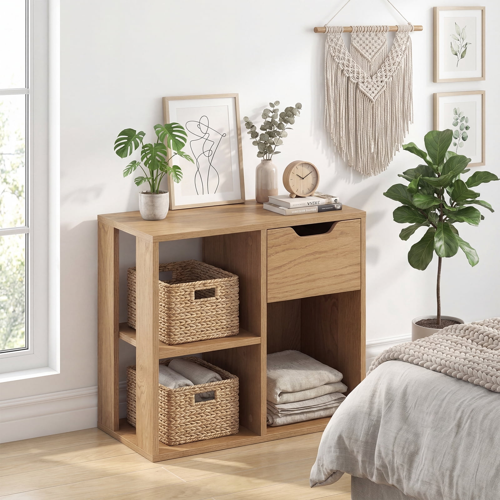 Goplus 2 PCS Bookshelf with Drawer, Freestanding Storage & Display Shelf for Living Room Natural