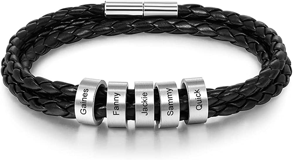 Molywoo Personalized Men Leather Bracelet Custom Men Black Braid Bracelet with Small Beads