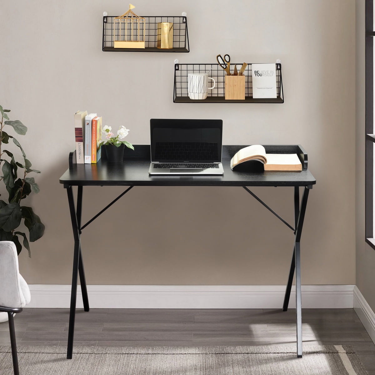 Computer Desk, X-Shaped Metal Legs Gaming Desk with Pegboard & Raised Baffle, Glossy MDF Workstation for Home Office Study