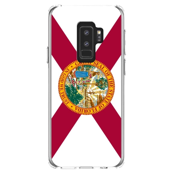 DistinctInk Clear Shockproof Hybrid Case for Samsung Galaxy S9  PLUS (6.2" Screen) - TPU Bumper, Acrylic Back, Tempered Glass Screen Protector - Florida State Flag - US State Flag
