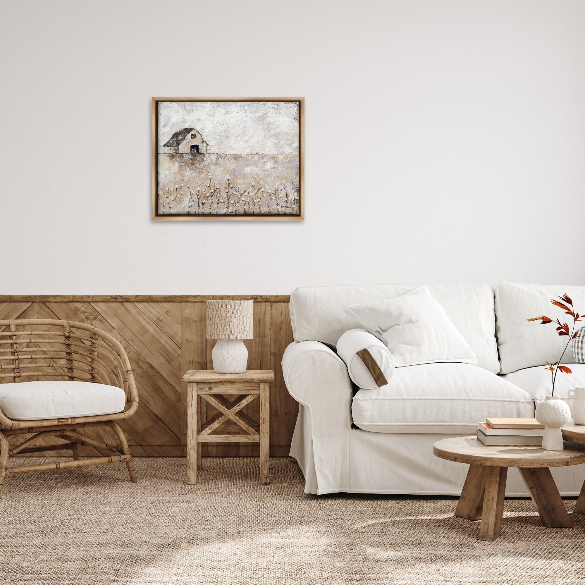Stupell Industries White Barn Distressed Landscape Botanical & Floral Painting Brown Floater Framed Canvas Art Print Wall Art, 31 x 25