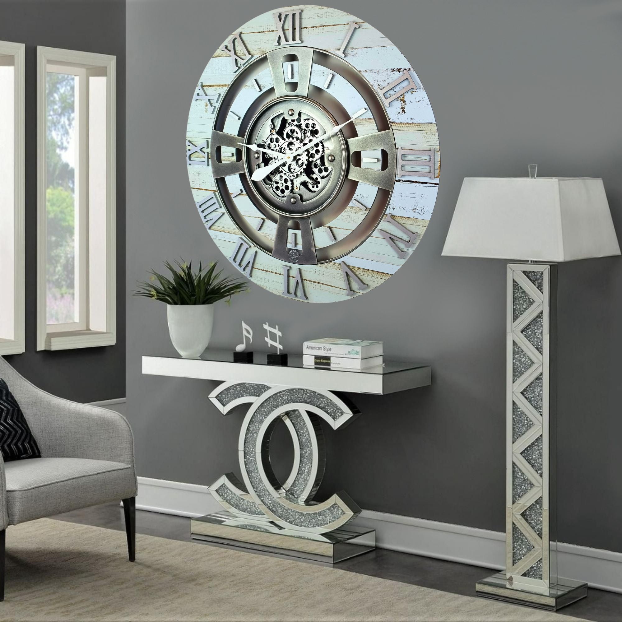 THE GEARS CLOCK Wall Clock with Real Moving Gears EN-LI_ 24 in Round Desert-Beige