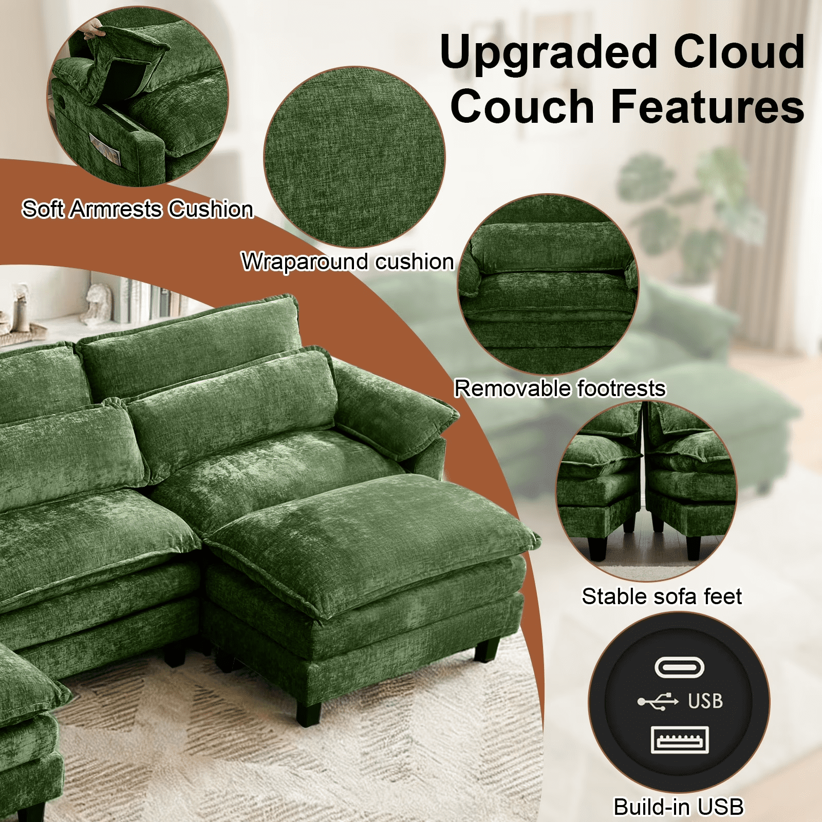 Howcool 113" Modular Sectional Sofa with Movable Ottomans, U Shaped Comfy Cloud Couch, Deep Seat 3-Seat Convertible Sofa, USB Ports & Side Pockets, Chenille Fabric,Green