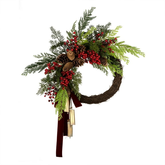 24 in. Artificial Christmas Wreath, Red Berries, Pine Cones, Dark Red Velvet Ribbon, Metal Chimes