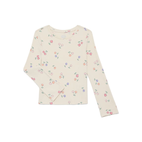 Wonder Nation Girls Printed Rib Tee with Long Sleeves, Sizes 4-10