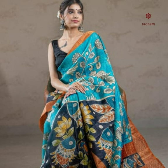 Blue Orange Hand Painted Kalamkari Tussar Silk Saree