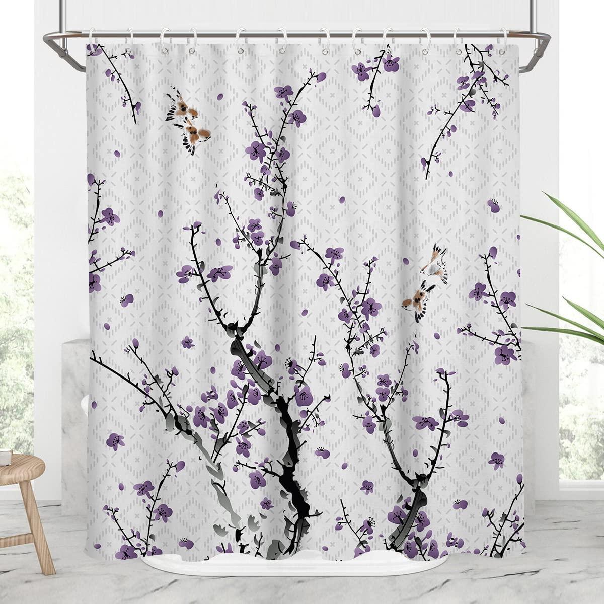 Purple Floral Shower Curtain Plum Blossom Tree Branches Nature Spring