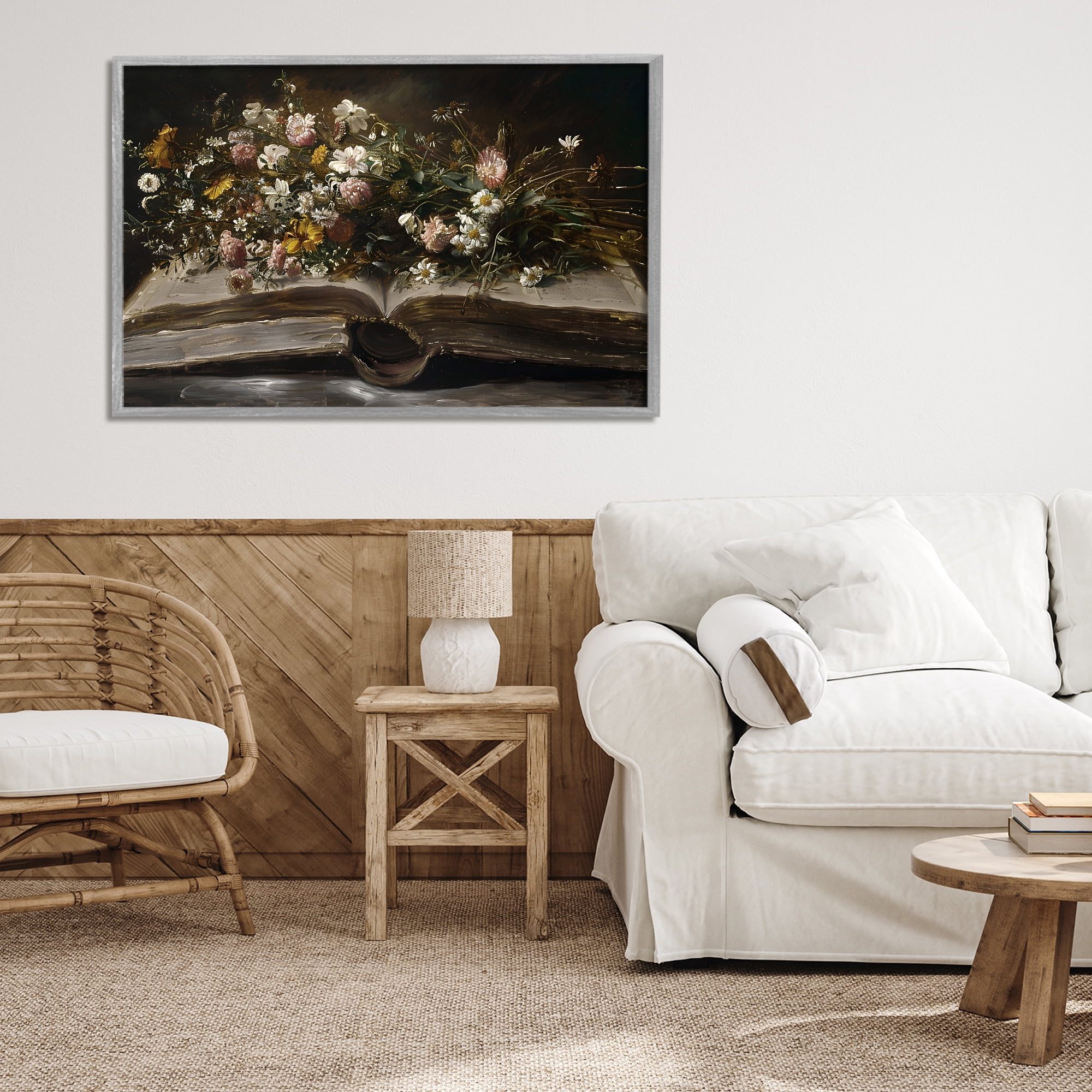 Stupell Industries Antique Floral Open Book Gray Framed Giclee Art, design by Jacky Ngan