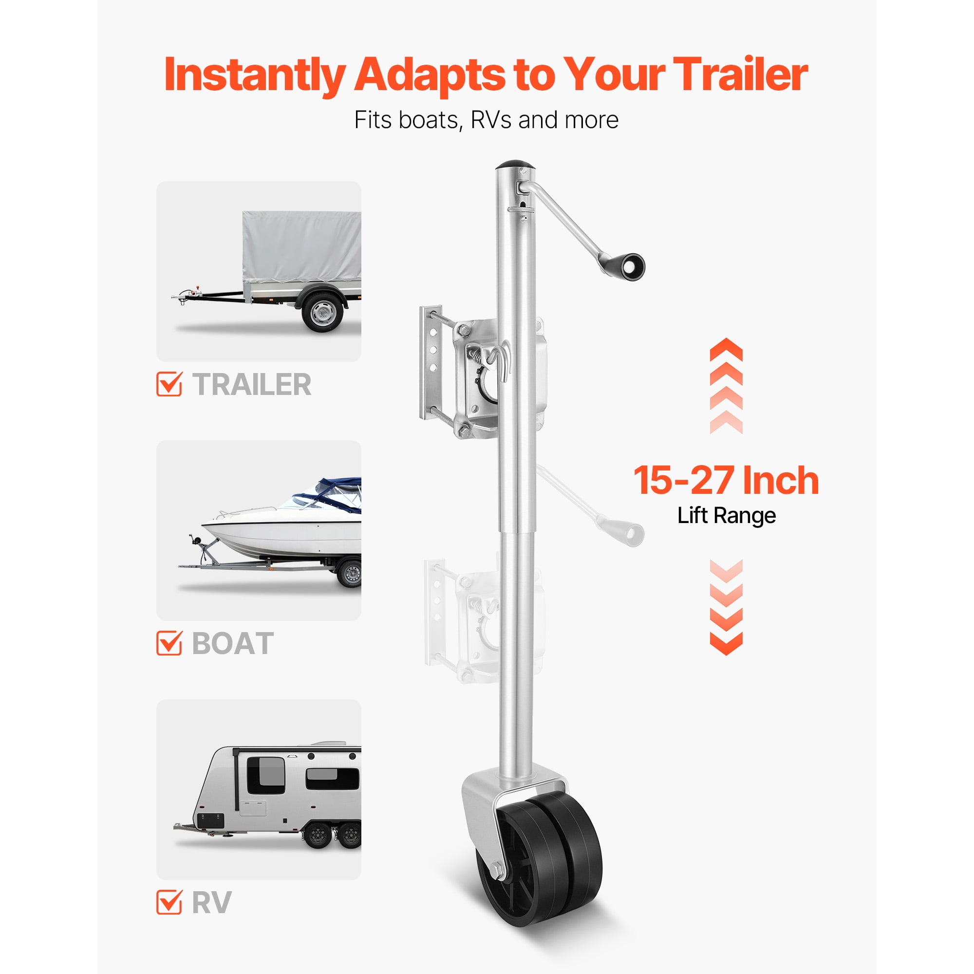 KFFKFF Trailer Jack with Wheel, 2000 lbs Capacity, Durable Swivel Design with Dual PP Wheels & Comfortable Handle, 15-27 Inch Adjustable Lift, Suitable for RVs, Boats, and Utility Trailers