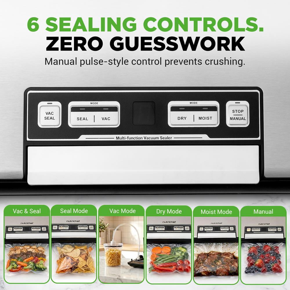 NutriChef Vacuum Sealer Machine – 80kPa Food Vacuum Sealer with Built-in Cutter, Bag Storage, Suction Hose, 1 Bag Roll & 5 Vacuum Bags for Freezer Meal Prep & Portioning (14" x 7" x 3")