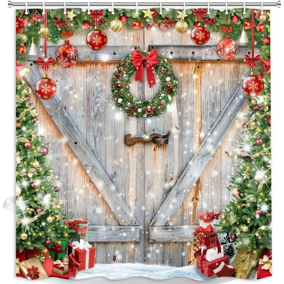 Rustic Farmhouse Christmas Shower Curtain, Winter Snowflake Wood Barn Door Xmas Shower Curtains for Bathroom, Merry Christmas Shower Curtain Set with 12 Hooks, 72X72in