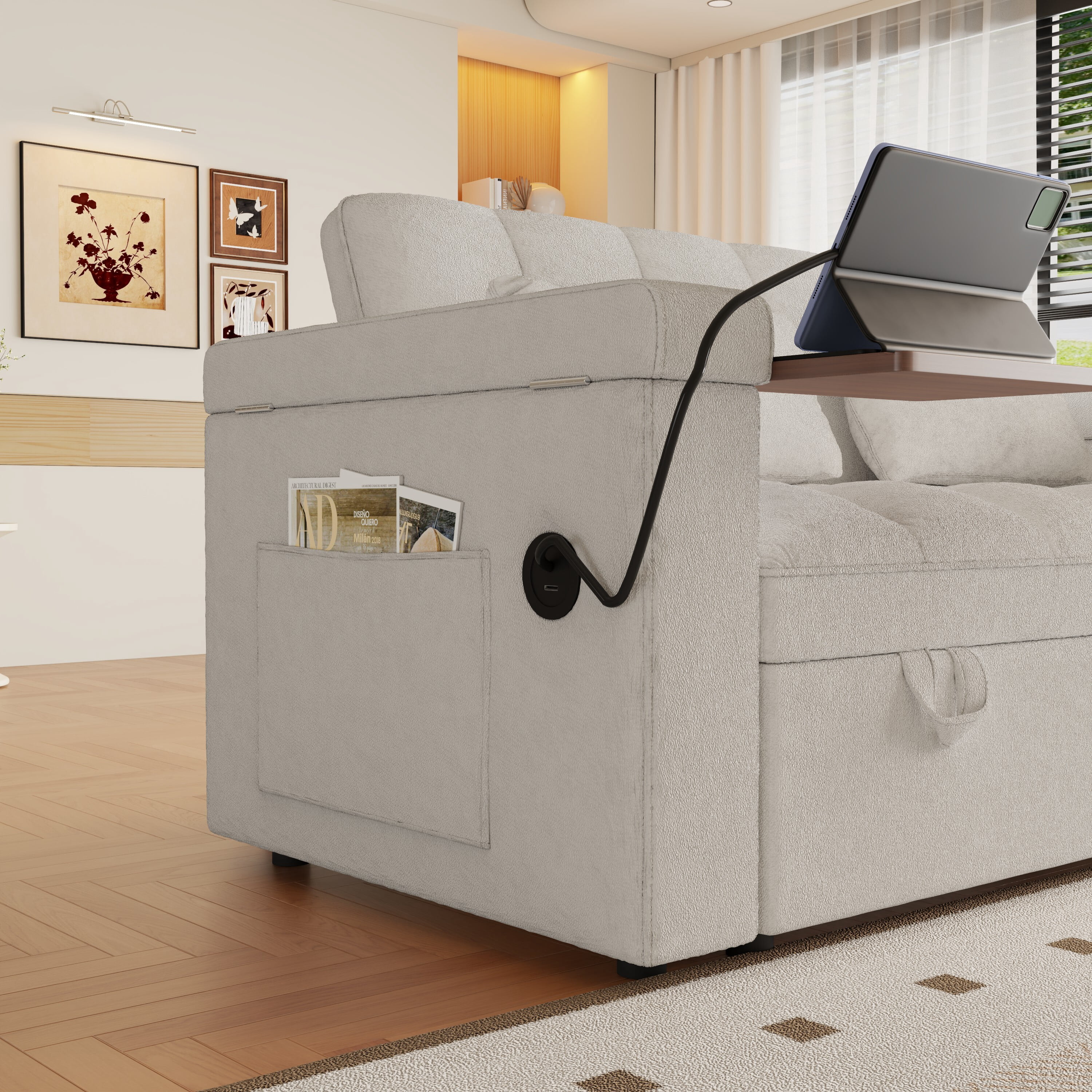 avobird 65'' 3 in 1 Convertible Sleeper Sofa Bed, Pullout Sleeper Sofa with Hidden Side Table/Charging port/Hidden Storage, Modern Futon Sofa for Apartments, Off white