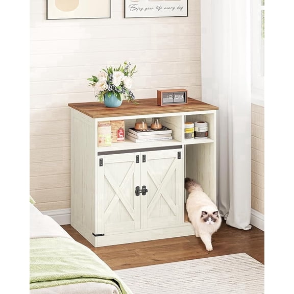 Hidden Cat Litter Box Enclosure with Storage, Wooden Cat Cabinet, TV Stand, Rustic Brown White