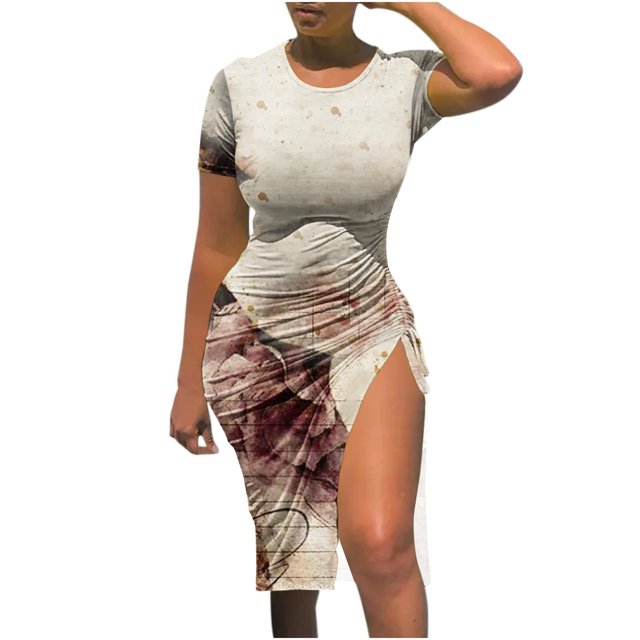 Birdeem Fashion Women Sexy Round Neck Printing Short Sleeve Slim Drawstring Slitting Dress