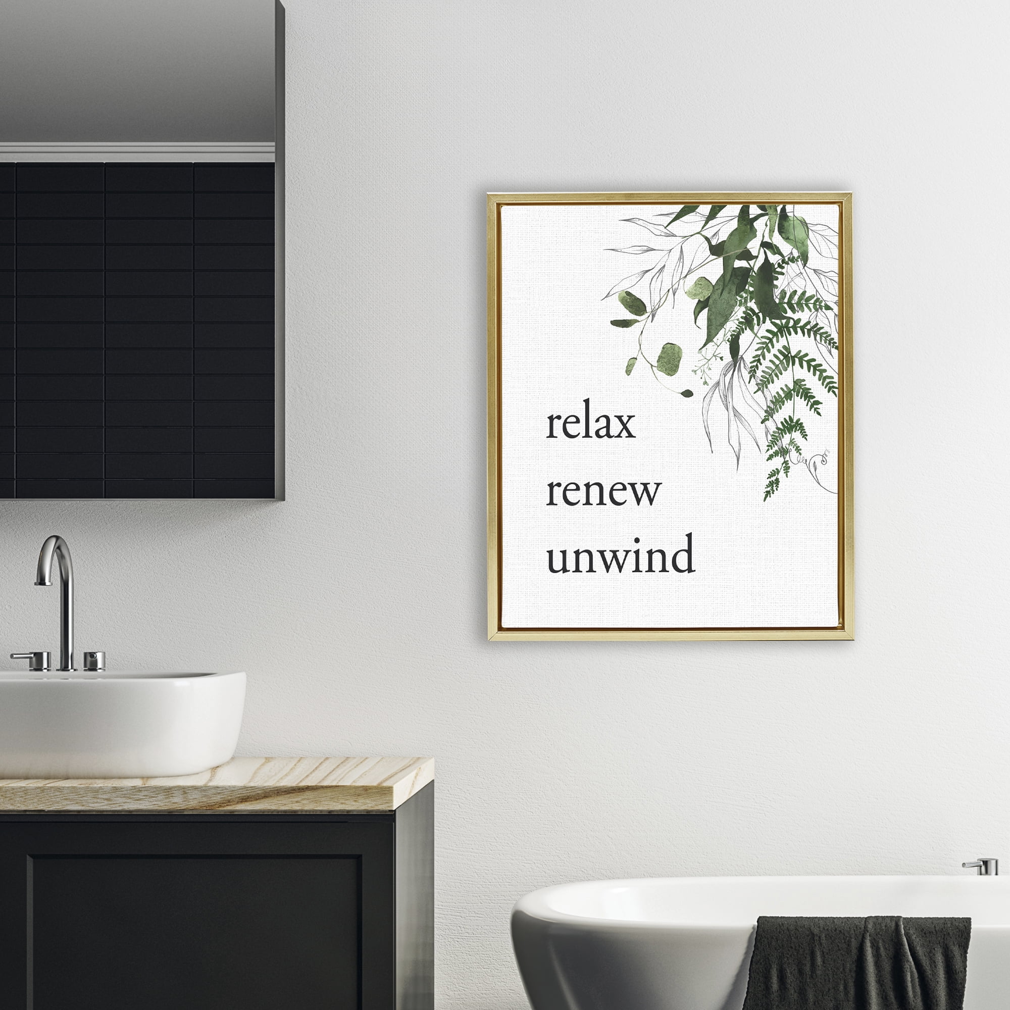 Relax Renew Unwind with Foliage Gold Framed Floater Canvas Wall Art, design by Lettered and Lined