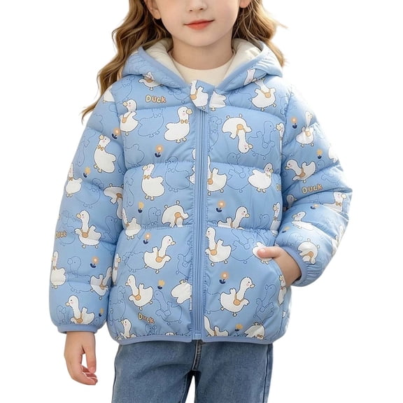Fnooota Girls Puffer Jackets, Printed Zipper Warm Long Sleeve Winter Outerwear with Pockets Blue Size 3-4 T