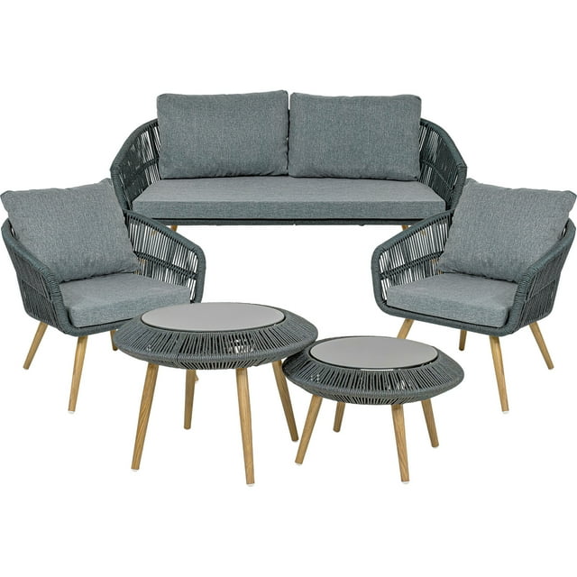 Juego de Muebles de Jardin Jardimex Rattan 5 Pz Doble Mesa Negro