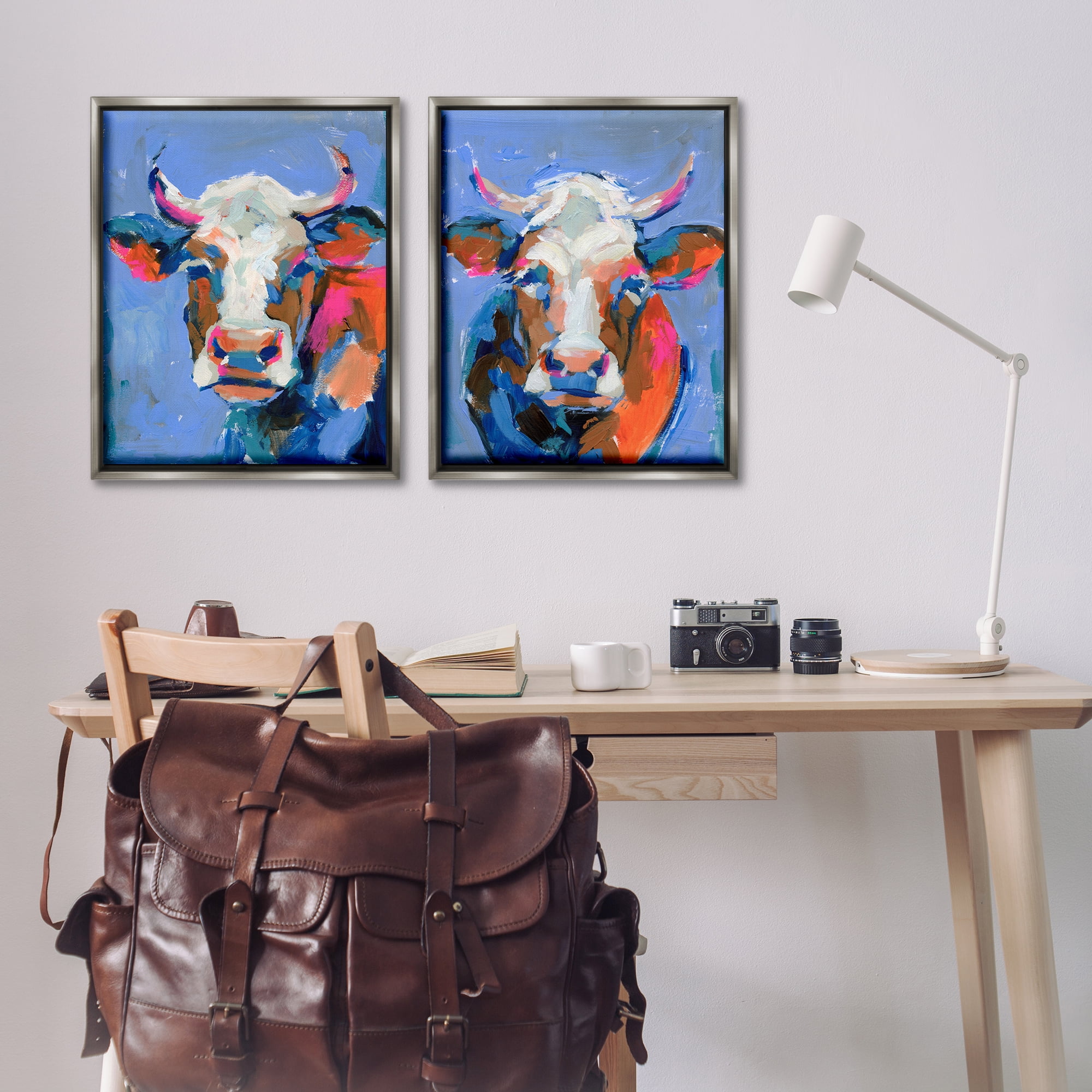 Stupell Industries Guernsey Cow Horned Portrait Animals Painting Gray Floater Framed Canvas Art Print Wall Art, 31 x 25, Set of 2