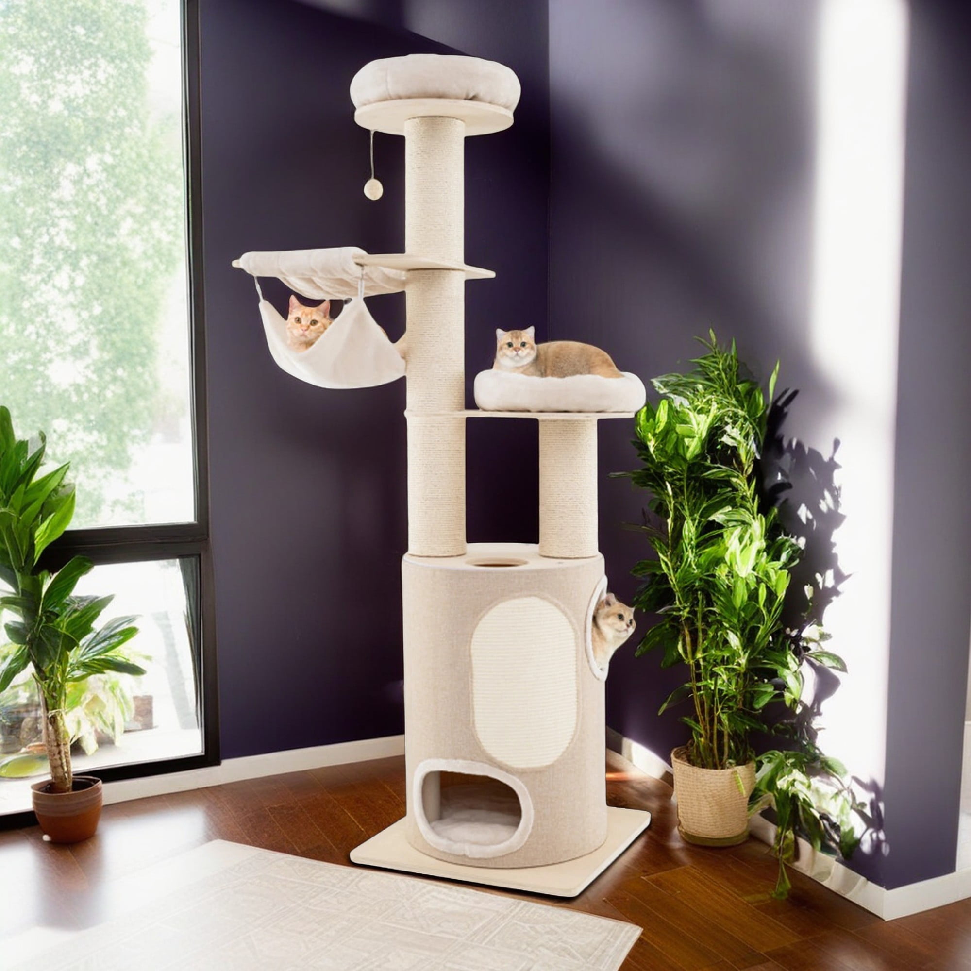 Kadyn 74" Cat Tree with Scratching Post, Cat Tower with 2 Stoery Cat Condo and Top Perch, Multi-Platform Cat Tree House, Beige